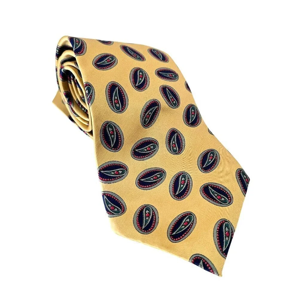 Kuppenheimer Premier Edition 90s Gold Silk Necktie Navy Blue Paisley 3.75